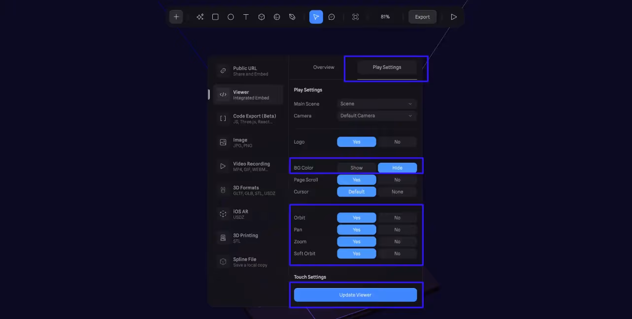 Spline Play settings