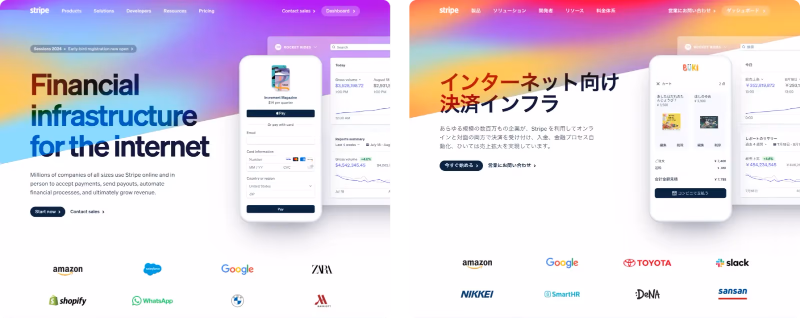 Stripe website in English and Japanese